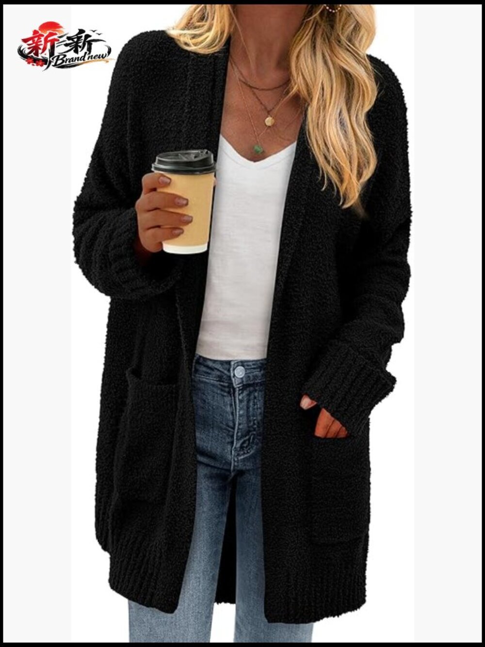 Chunky Fuzzy Knit Open Front Long Sleeve Cardigan Sweater Coat with Pockets